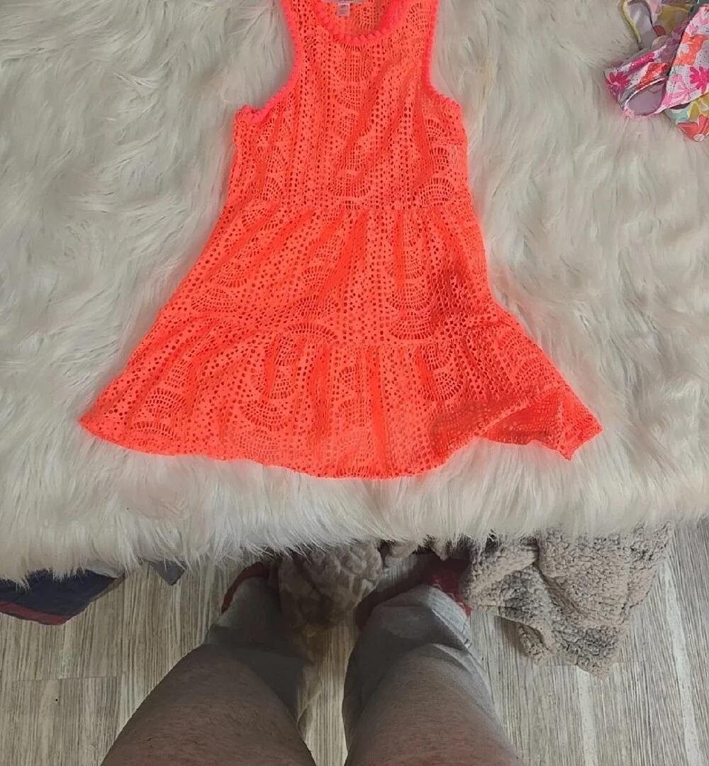 Kids One Piece Swim Suit Set w Neon Orange Crochet Cover-Up